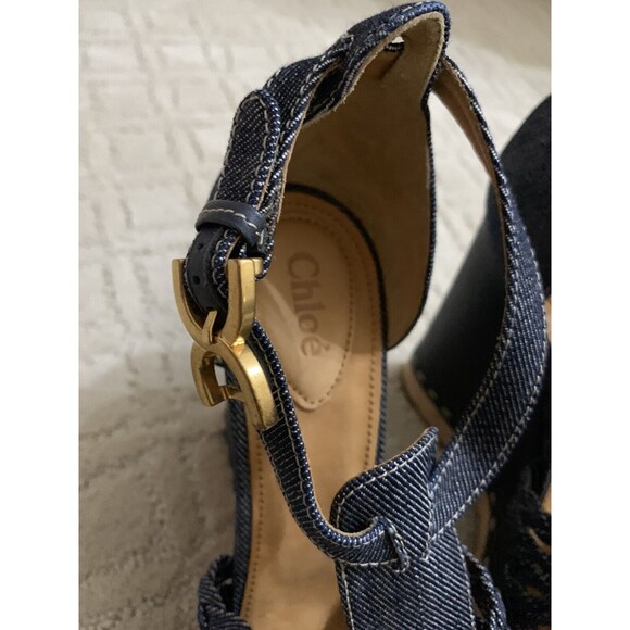 Authentic Chloe Blue Denim Wedge Espadrilles Sandals Size 39.5 (US 8.5) - Picture 4 of 9